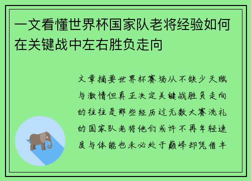 一文看懂世界杯国家队老将经验如何在关键战中左右胜负走向 一文看懂世界杯国家队老将经验如何在关键战中左右胜负走向