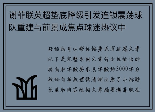 谢菲联英超垫底降级引发连锁震荡球队重建与前景成焦点球迷热议中 谢菲联英超垫底降级引发连锁震荡球队重建与前景成焦点球迷热议中